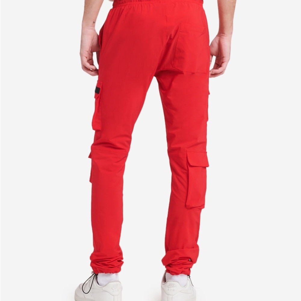 Cordova Red Cargo Pants Drawstring Waist Tapered Fit Sz. L Multiple pockets Zips